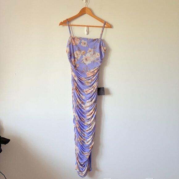 Lulus Stun and Only Lilac Floral Print Ruched Mesh Bodycon Midi Dress NWT XL - Picture 7 of 11